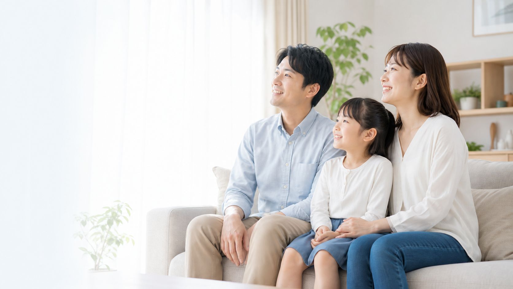 明るいリビングでくつろぐ家族